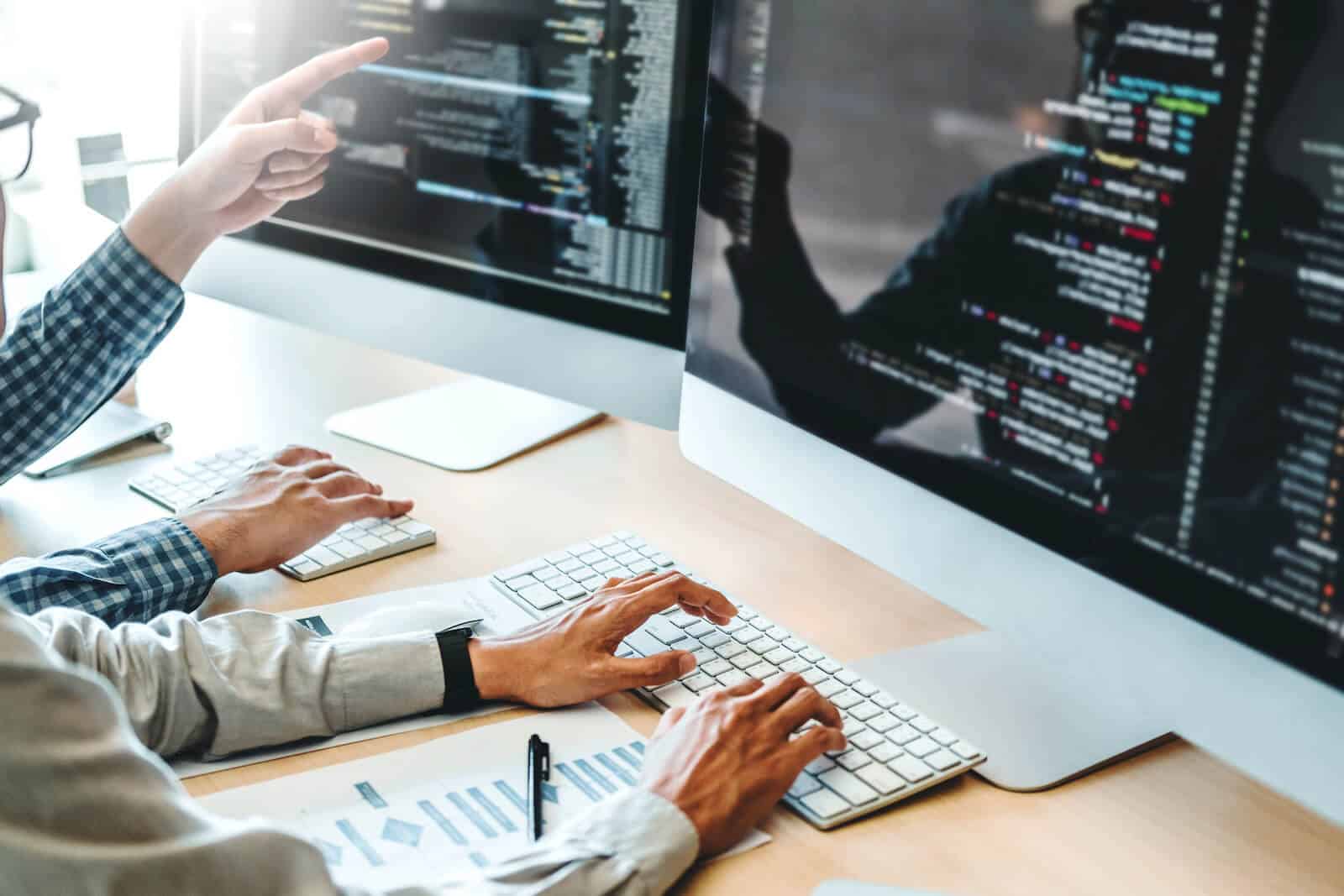 Programmers working at monitors.